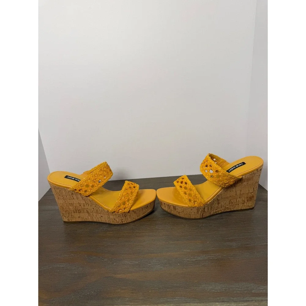 Nine West Kalani‎ Yellow Woven Cork Platform Wedge Sandals Size 8.5 New